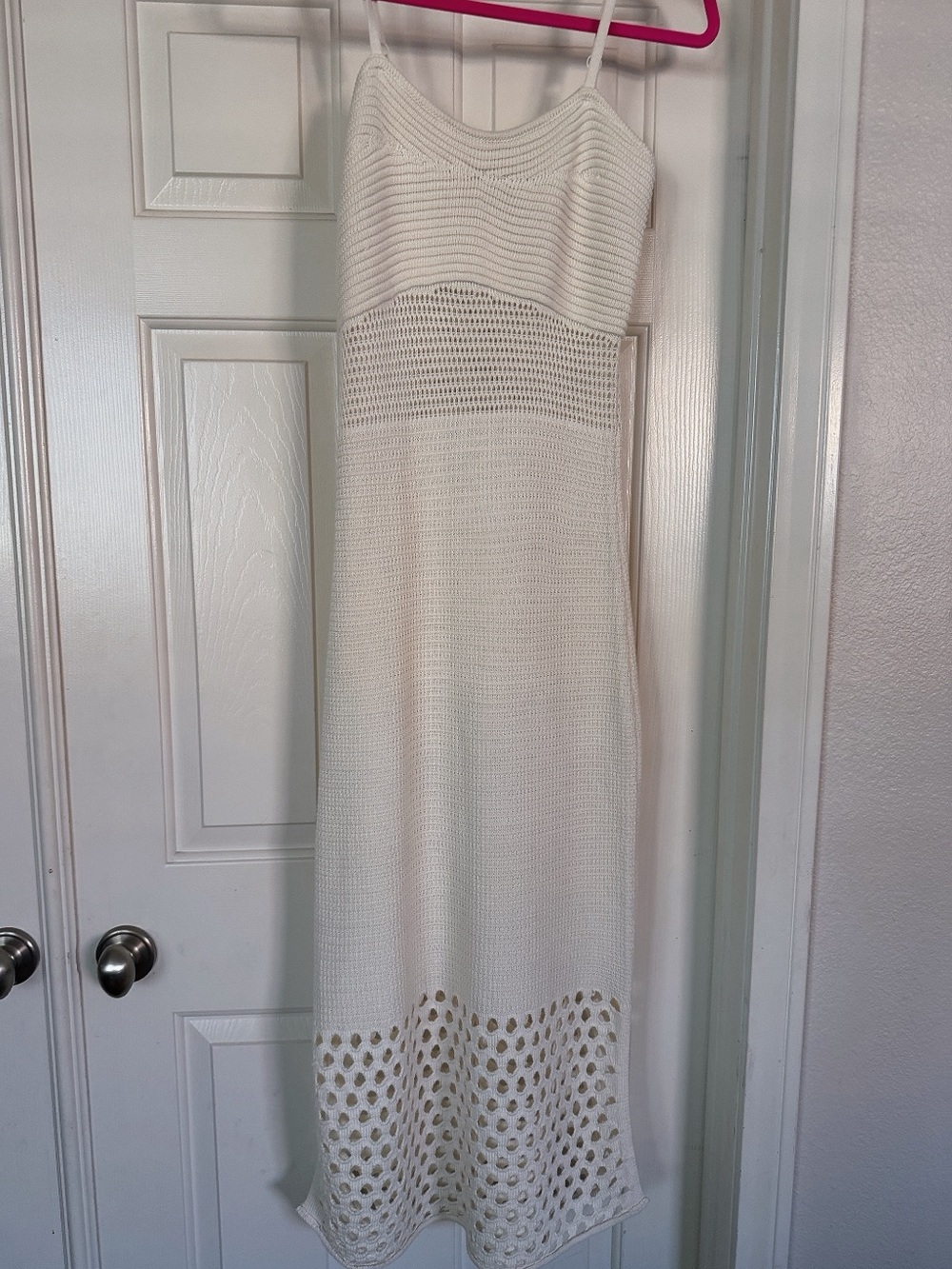 White Crochet Knit Spaghetti-Strap Maxi Dress. Size XL
